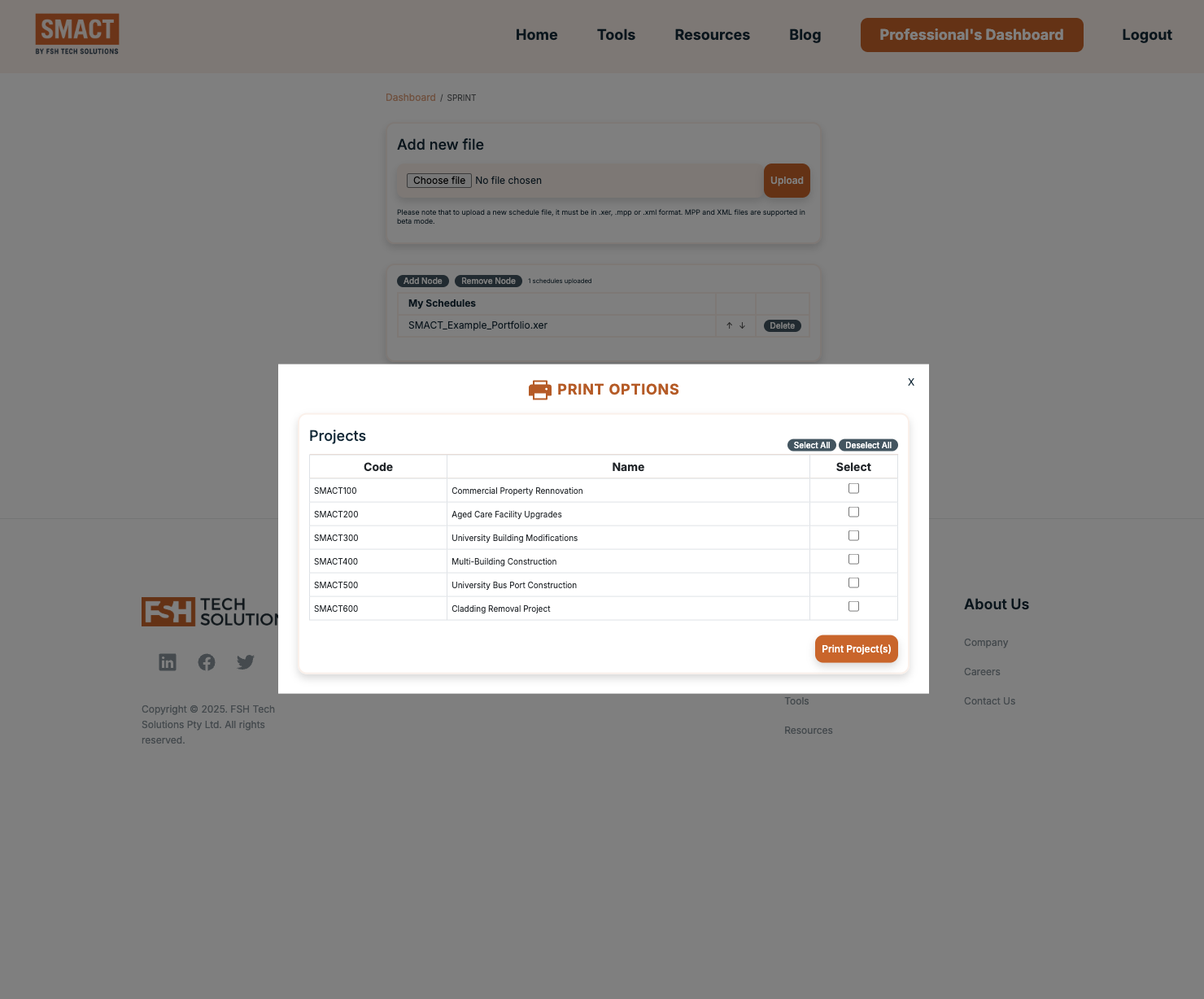 The FSH Schedule Printer, showing a simple print options screen.